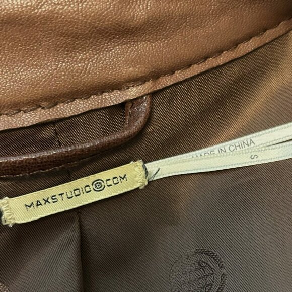 Max Studio Brown Leather Jacket, Belted Nero Collarless Pockets Lined Hip Length - Picture 8 of 11